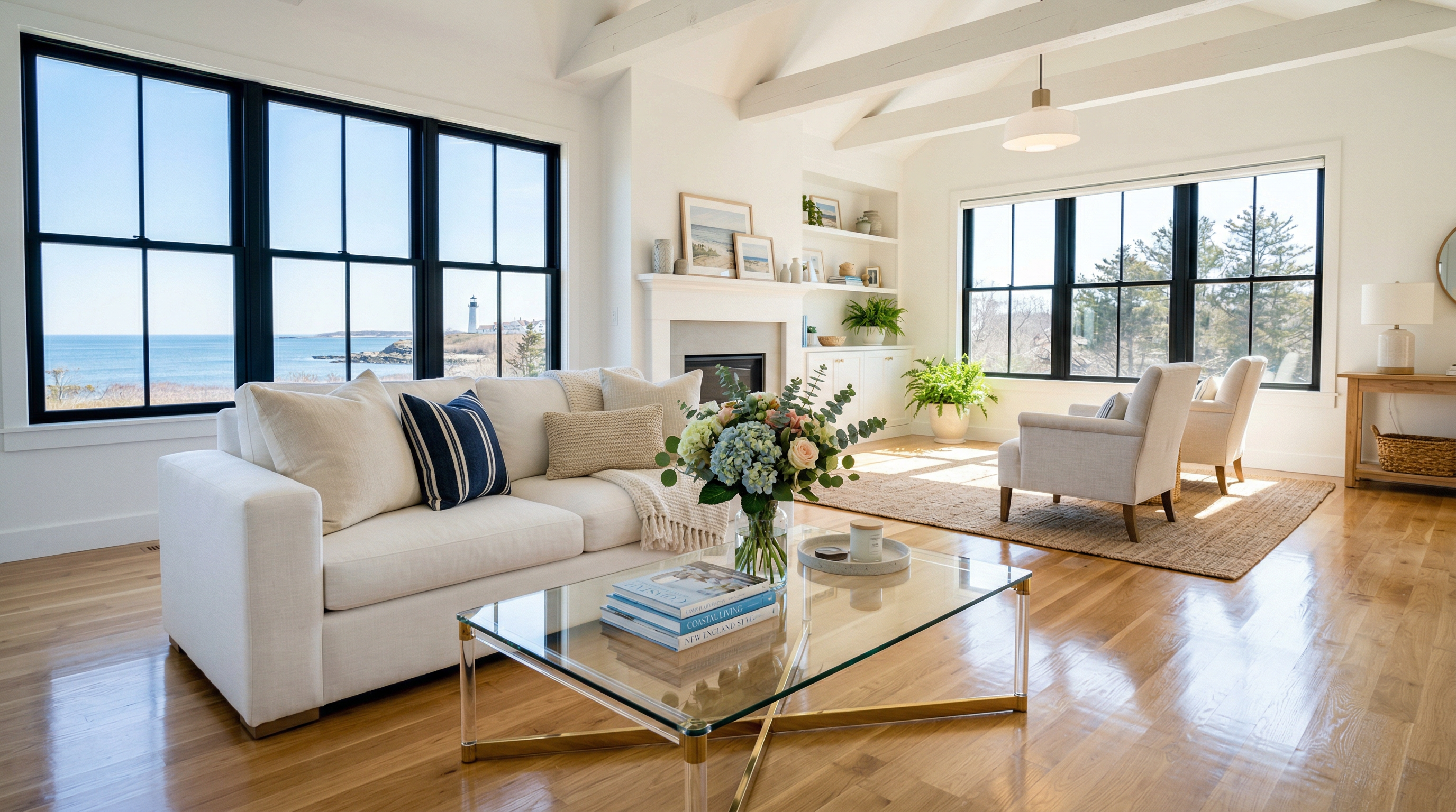 Bright, sparkling clean living room interior with sunlit hardwood floors and pristine furnishings